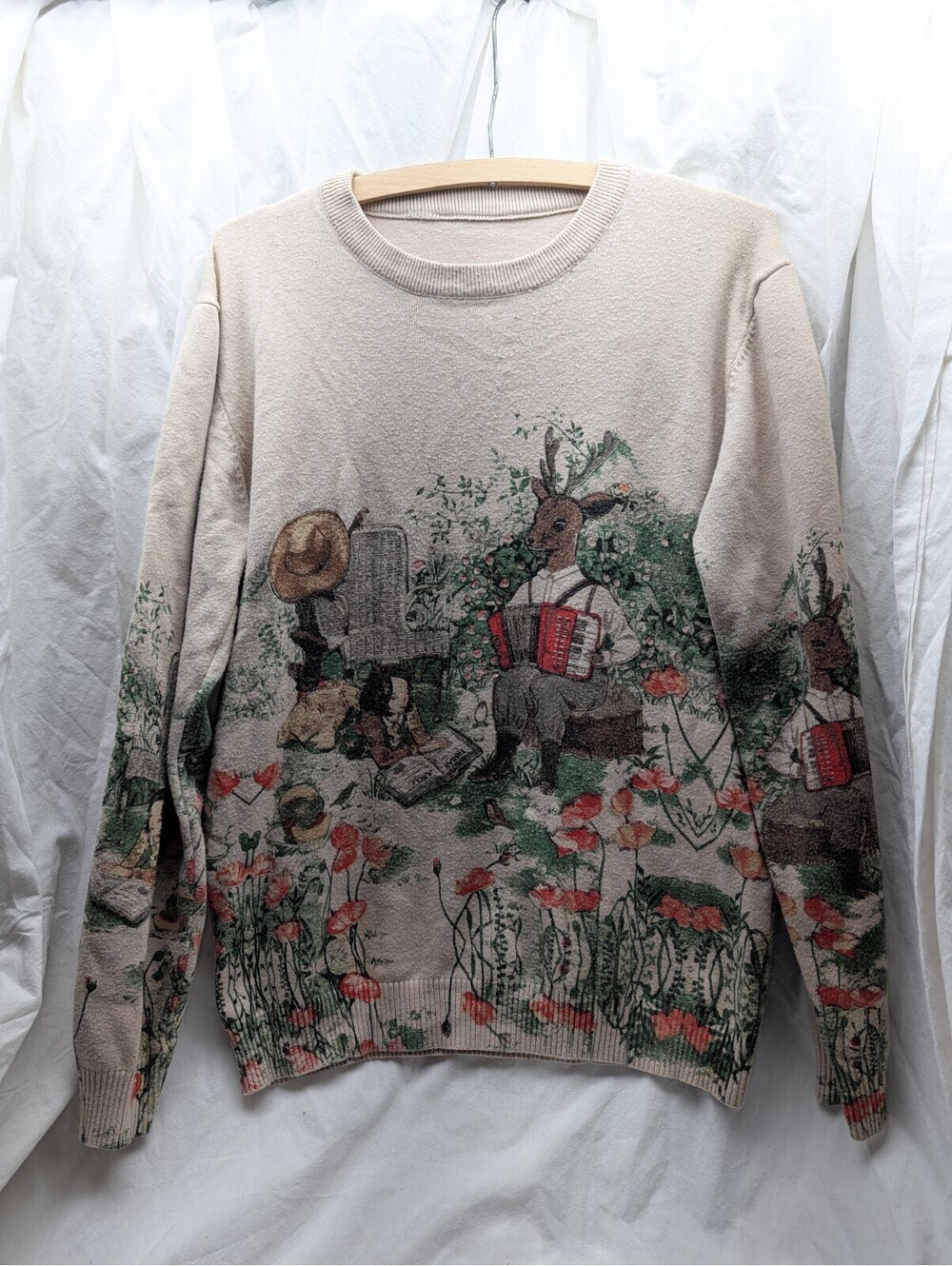 Shein Woman’s Beige Floral Graphic Novel Crewneck Sweater — Size Medium